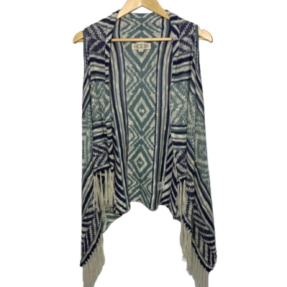 2/$10🔥 Pink Rose Blue Knit Boho Fringe Trim Sleeveless Open Cardigan